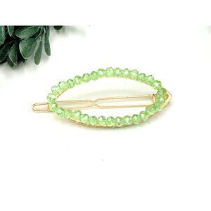 Green Crystal Beaded Gold Oval Hair Clip